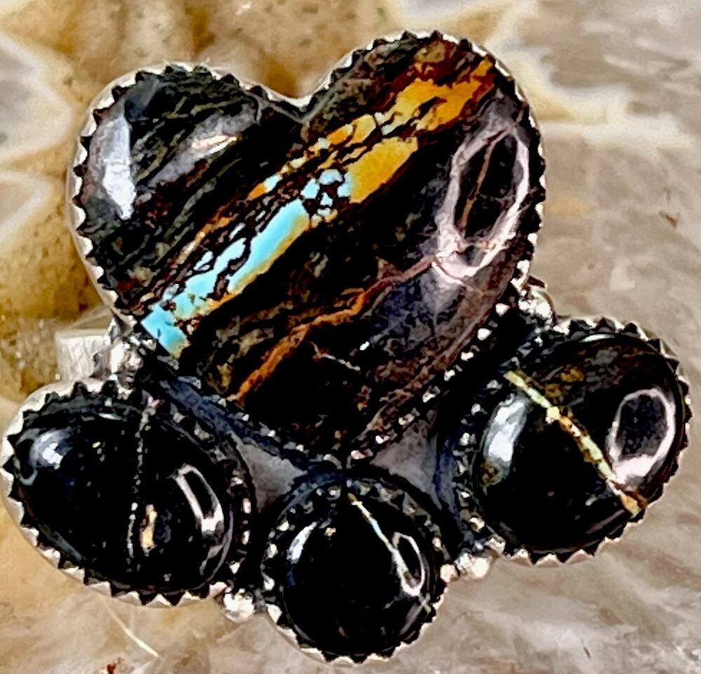 Southwestern Black Jack Turquoise 925 Heart Cluster Statement Ring Adjustable